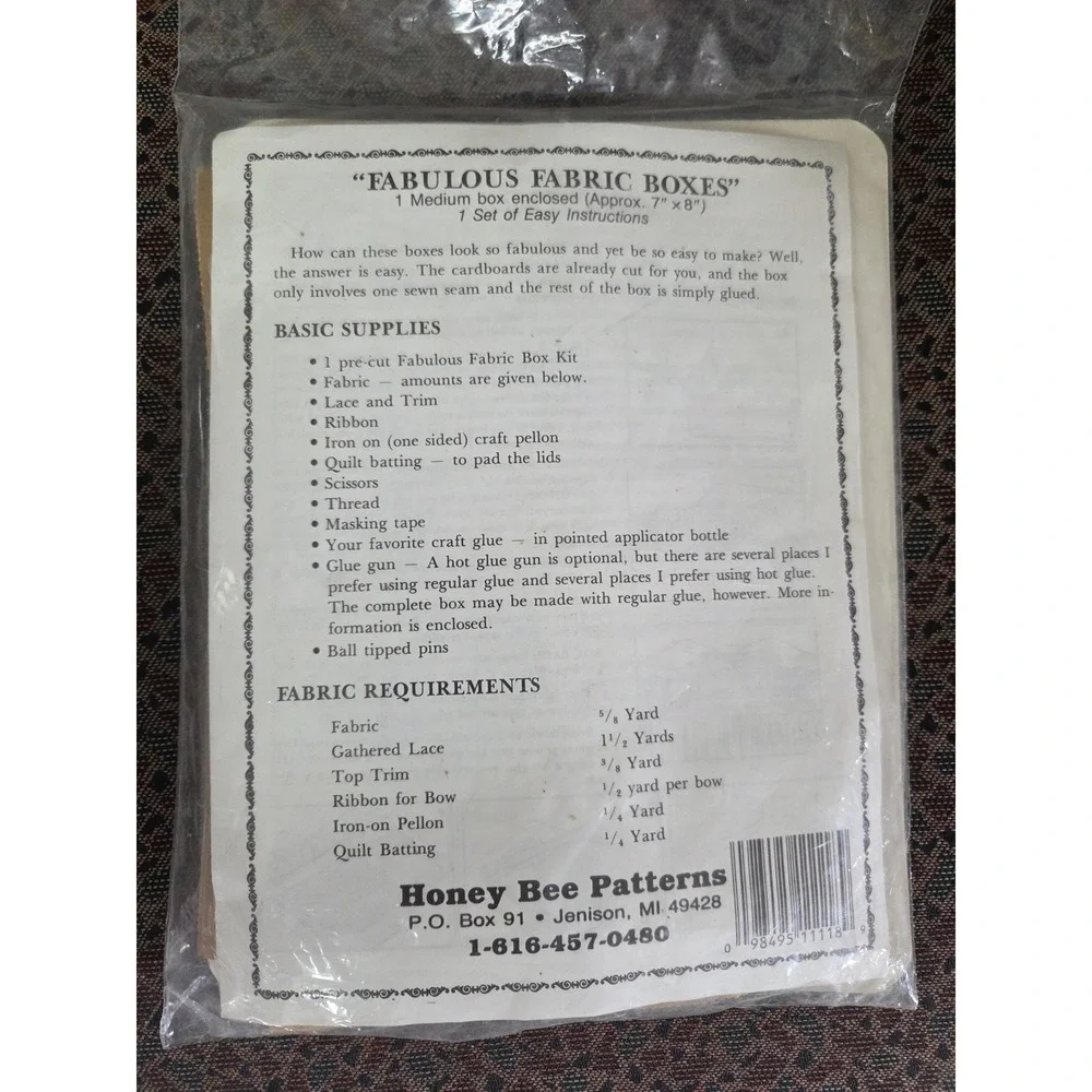 Honey Bee Patterns Fabulous Fabric Boxes Kit Set Heart & Oval Vintage DIY NEW